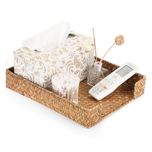 BTSKY Multipurpose A4 File Tray Natural Seagrass Desk Tray Organizer Woven Letter Size Desk Documents Trays Magazine Files Storage Basket Organizer Bin for Office Cosmetics Bathroom, Caramel