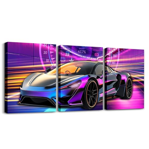Boys Racing Car Wall Art,Cool Speed Race Car Canvas Wall Art Set of 3 for Kids Boys Girls Teens Room,Blue Purple Speed Dashboard Sports Cars Poster Prints,Automobile Extreme Sport Decor,12x16 - color: Blue Red