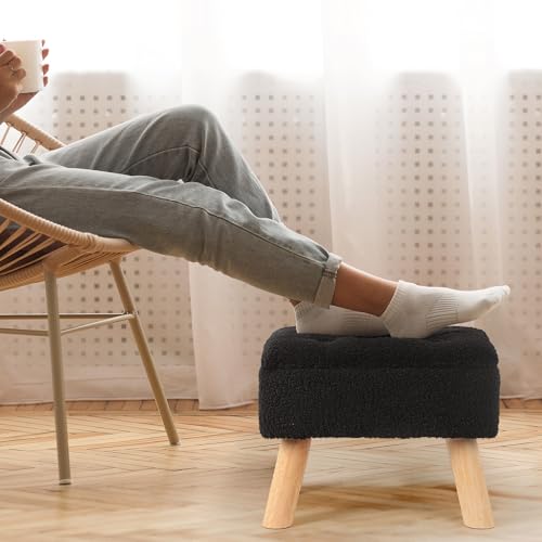 OGEMXU Storage Ottoman, Small Foot Stool Ottoman with Storage, Boucle Teddy Velvet Foot Rest with Padded Seat, Sturdy Wood Legs Stool for Living Room, Bedroom, Couch, Enterway (Black) - color: Black