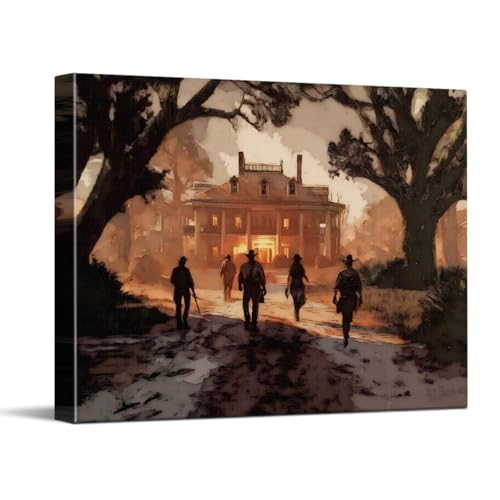 WOXZQ Red Dead Redemption Style Outlaw Squad Approaching Mansion Western Game Art Poster for Gaming Room Home Decor Wrapped Canvas Illustration 15x12 Inch - color: Guns at the Gate 2