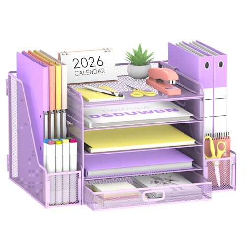 SUPEASY Mesh Desk Organizer with File Holder, 5-Tier Paper Letter Tray Organizer with Magazine Holder, Desktop Organizer and Storage with Drawer for Office Supplies Home or School (Purple) - color: Purple