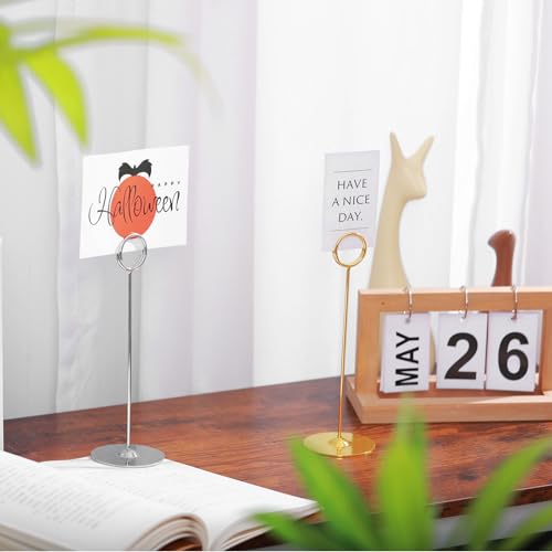 Urban Deco 16 Pieces Table Card Holder 8 inches Table Number Holders Place Steel Card Holders for Photos, Food Signs, Memo Notes, Weddings, Restaurants, Birthdays (Gold) - color: Gold