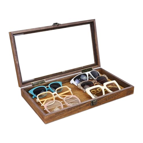 MOOCA Natural Wood Tempered Glass Top Jewelry Display Case Accessories Storage Box with Metal Clasp, Wooden Jewelry Tray for Collectibles, Pocket Knife Display Case, Brown - color: Brown, size: 1 Piece, 2 inch high