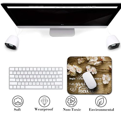 Plum Blossoms Mouse Pad, Begin Each Day with A Grateful Heart Desk Mat | Inspirational Quote White Flowers Rustic Wood Grain Floral, Anti-Slip Rubber Base, Silky Smooth Surface, Cute Mousepad - color: Color_CNaf