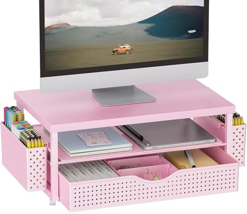gianotter Desk Organizers and Accessories, Monitor Stand with Drawer and 2 Pen Holder, Desktop Organizer Suitable for Offices and Dormitories (Pink-Plain) - color: Pink-Plain