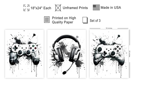 Monem Art 3-Piece Video Game Accessories Print - Gaming Poster - Geeky & Gamer Art - Modern Black & White Design - Minimal Game Room or Teen Boy's Room Decor - 18x24 UNFRAMED Wall Art - color: Style-07, size: 18"L x 24"W