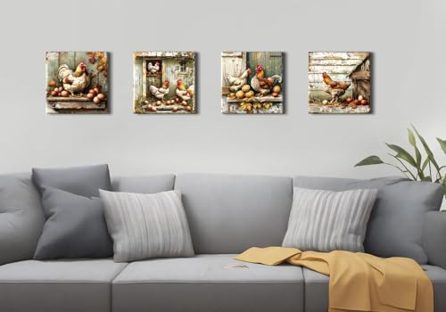 Vintage Farmhouse Chicken Wall Decor Rooster Kitchen Art Wall Rustic Cottage Pictures Rural Country Hens Painting Poster Farm Animals Canvas Artwork for Dining Room Cabin Home Decorations 12x12"4Pcs - color: FarmChicken, size: 12 x 12 in