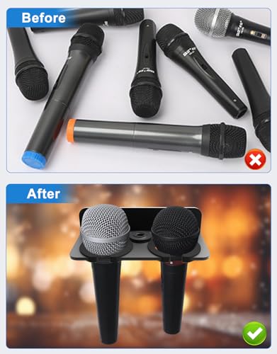 Multi Microphone Holder for Handheld Dynamic, Wired and Wireless Mics Storage Hanger, Double Microphone Stand,Rubber Padding/Wall Mounted or Mounted to 5/8"-27 or 3/8"-16 threaded Stands Attachment - size: Black Mic Holder