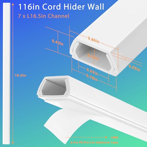 Wall Cable Hider Kit, 116in TV Wire Hider for Wall, Paintable Cord Hider Wall, Cord Organizer Hide 1-2 Cords Wall Mounted TV, Wire Cover for Wall, Cord Concealer 7XL16.5 W0.86 H0.43in, White - color: White, size: Small-116in