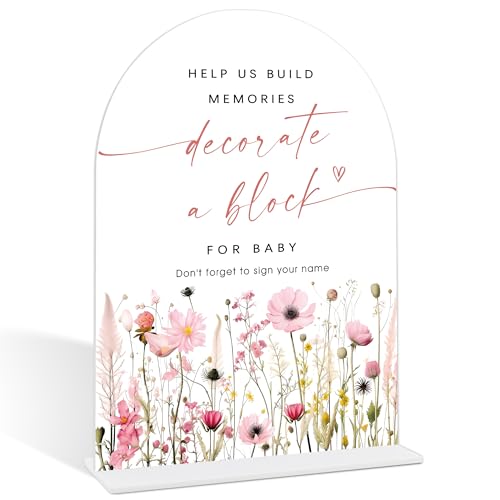 Pink Flower Baby Shower Decorate a Block Game Sign, Baby Shower Table Centerpieces, Gender Reveal Decorations, Gender Reveal Gifts for Parents to Be, Acrylic Arch Sign with Base-8 - color: Baby Shower08