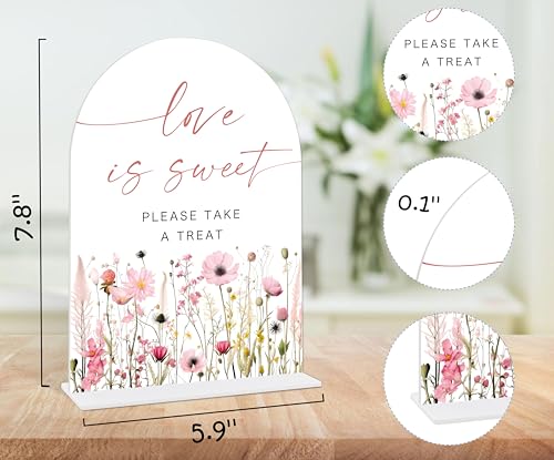 Pink Flower Love Is Sweet Sign for Dessert Table, Dessert Table Decor, Bridal Shower Centerpieces For Tables, Wedding Reception Decorations, Acrylic Arch Bridal Shower Sign With Base-13 - color: Love Is13