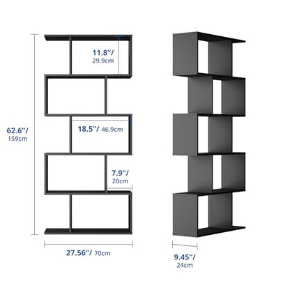 Cozy Castle Set of 2 Geometric Bookcase, S-Shaped Modern Bookshelf, Room Divider Bookshelf, 62" Tall Unique Abstract Bookcase with 5-Tier Display Shelf for Living Room Office, Black - color: Black