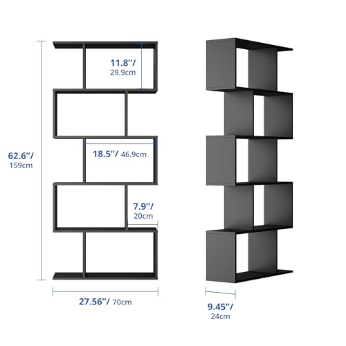 Cozy Castle Set of 2 Geometric Bookcase, S-Shaped Modern Bookshelf, Room Divider Bookshelf, 62" Tall Unique Abstract Bookcase with 5-Tier Display Shelf for Living Room Office, Black - color: Black