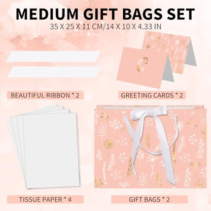 woric 13.7" Pink Gift Bags Set of 2, Large Birthday Gift Bags for Women | 2 Pink Bags with Ribbon Handle, 4 Tissue Paper & Greeting Cards, Women Girls Birthday, Anniversary, Wedding Bridal Showers - color: Pink