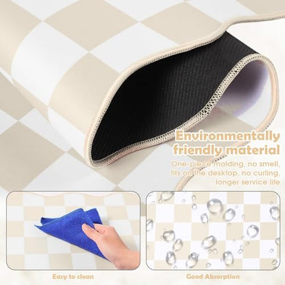 Copkim 1 Pcs Beige Scalloped Checkered Desk Mat 31.5 x 11.8 Inch Large Cute Mouse Pad Computer Mat Non Slip Waterproof Rubber Base with Border Stitching Soft Keyboard Pad for Home Office Gaming Makeup - color: Beige, style: Checkered