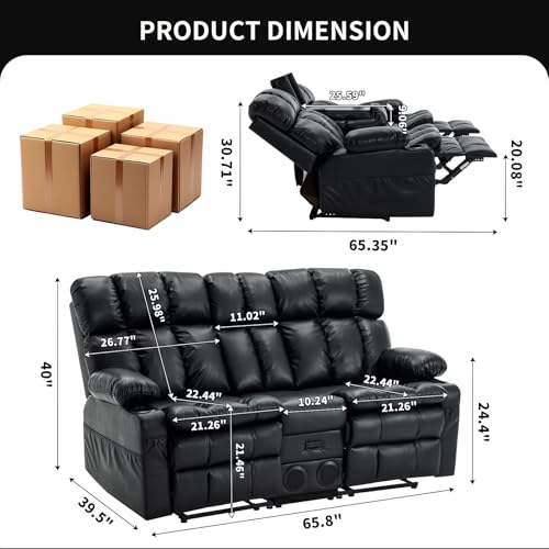 Loveseat Recliner Sofa with Massage & Heat, Reclining Loveseat with Console with Drop Down Table, Bluetooth Speaker, USB/Outlet/Storage/Cup Holder/Side Pocket, Home Theater Seating, Black - color: Black, size: Loveseat with Console