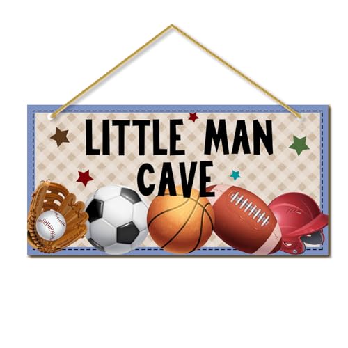 Little Man Cave, Sports Room Decor for Boys Wooden Door Sign Baby Boys Bedroom Wall Decorations for Nursery Toddler Nursery Playroom Wall Art - color: boy cave (sports)