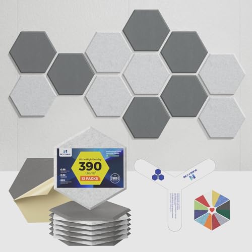 Self-Adhesive Acoustic Panels [390 lbs/yd³ Ultra-High Density], 2nd Generation Sound Absorbing Panel, Professional Level Sound Panel, Polyester Soundproof Foam [Medium Hexagon, MoonGrey & SilverGrey] - color: Moon Grey & Silver Grey, size: Medium Hexagon