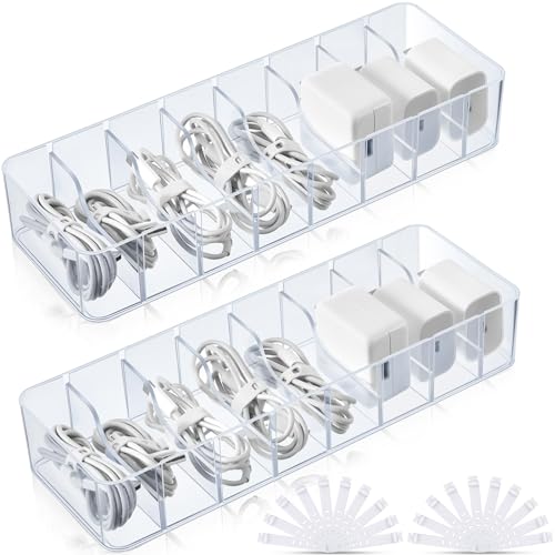 Tatuo 2 Pcs Cable Organizer with 20 Wire Ties, Plastic Cord Storage Charger Box Electronics Organizer with Adjustment Compartments Cable Storage for Drawer Home Office Desk Accessories (Clear) - color: Clear