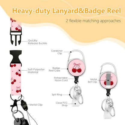 Cherry Badge Holder with Lanyard, Beautiful Bow ID Badge Holder with Retractable Reel Clip and Keychain for Bow Lover, Vertical Identity Card Cover Case Protector for Women Nurse Teacher - color: Cherry-pink