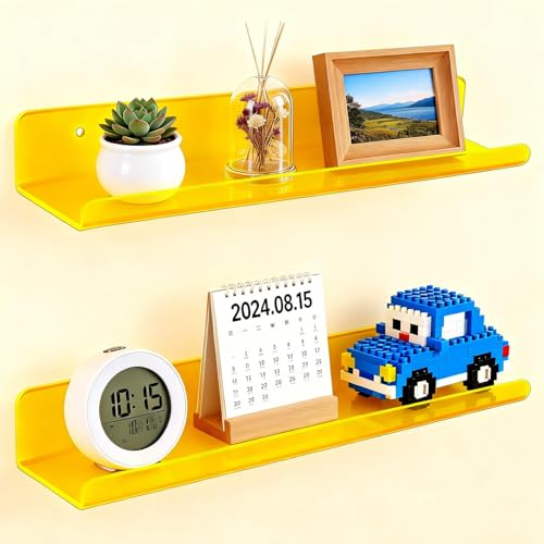 ROYALITA Small Acrylic Shelves Wall Mounted | Set of 2 | 17 Inches | Wall Hanging Plant Display Shelves, Room Decor Floating Wall Shelves for Gaming Room Bedroom, Living Room, Office, Yellow - color: Yellow, size: 17 Inch