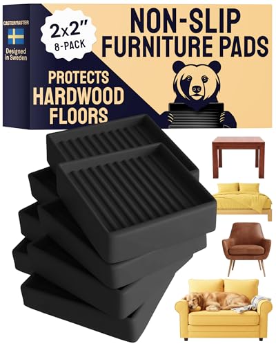 CasterMaster Non-Slip Rubber Pads - 2x2 in Black, 8 Pack | Rubber caster cups & feet - anti-skid - Use for furniture, keep from sliding, scratch protection - color: Black, size: 2'' x 2'' (Pack of 8)