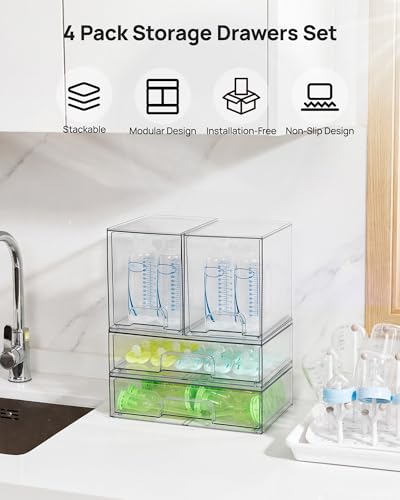 Vtopmart 8 Pack Stackable Storage Drawers Set, Clear Plastic Organizer Bins for Baby Bottle, Beauty Supplies Storage, Ideal for Kichen Countertop, Vanity, Bathroom, Cabinet, Pantry Organization - style: 4 High+4 Wide