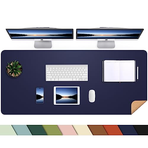 AFIING Leather Desk Pad Protector, Large Desk Mat with Natural Cork & PU Leather, Mouse Pad, Non-Slip, Waterproof Desk Writing Pad for Office and Home Blue - color: Blue, size: 47" x 17"