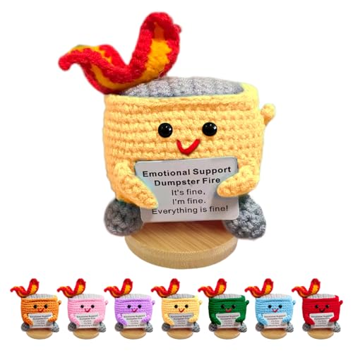 Emotional Support Dumpster Fire - Positive Crochet Birthday Easter Basket Stuffers Essentials Gift for Women Men Girls Coworker Friend, Handmade Knitted Doll for Home Office Accessories Decor (Yellow) - color: Yellow
