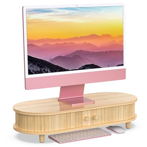 Bamboo Monitor Stand with Storage, Curved Computer Laptop Stand Desk Shelf Organizer with Sliding Doors (25 inch) - color: Natural Bamboo, size: 25 inch