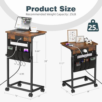 Adjustable Height Couch Table with USB-C Charging Station & Pocket Storage – Compact Couch Stand with Hooks & Wheels for Small Spaces & Living Room, Adjustable C Table (Rustic Brown) - color: Rustic Brown