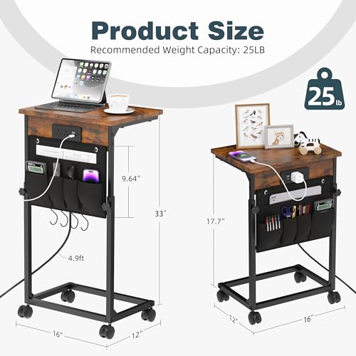 Adjustable Height Couch Table with USB-C Charging Station & Pocket Storage – Compact Couch Stand with Hooks & Wheels for Small Spaces & Living Room, Adjustable C Table (Rustic Brown) - color: Rustic Brown