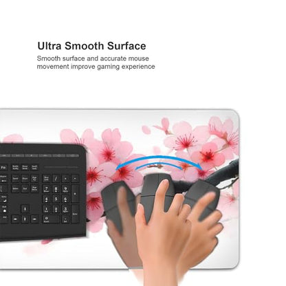 Large mouse pad, XXL gaming keyboard pad, Japanese Pink Sakura Design, Non-Slip Rubber Base, Stitched Edges suitable for gaming and office use, laptop computer table protection pad, 35.4 x 15.7 inches - color: Plum blossoms