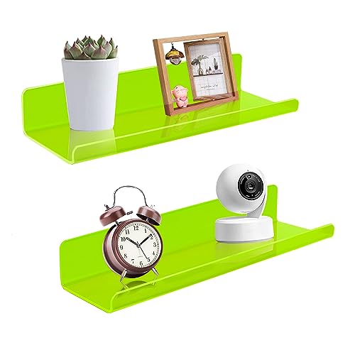 ROYALITA Small Acrylic Shelves Wall Mounted | Set of 2 | 12 Inches | Wall Hanging Plant Display Shelves, Room Decor Floating Wall Shelves for Gaming Room Bedroom, Living Room, Office, Green - color: Neon Green, size: 12 Inch