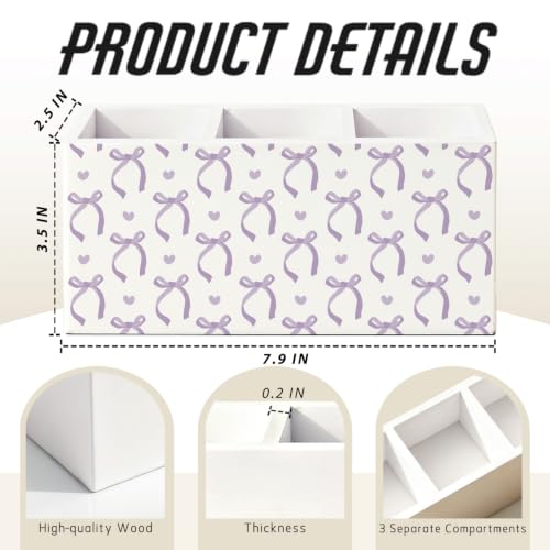 Purple Bow Pen Pencil Holder for Office Desk Accessories Decor | Coquette Office Accessories for Women, Cute Bow Pen Pencil Wooden Organizer Decorations for Dorm Room Bedroom Tabletop Desk - color: 00-Purple Bow(white)
