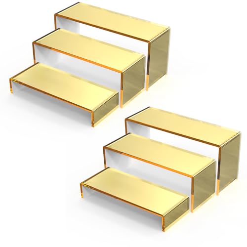 6 PCs Risers Display Stands 3 Tiers Desktop Acrylic Shelves Cake Dessert Holder Products Stand for Collectibles Shoes Jewels Pop Figure (Golden) - color: Golden 6 PCs