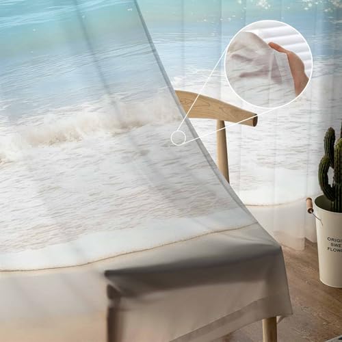 Ocean Beach Theme Sheer Curtains 63 Inch Length 2 Panels Set for Living Room/Bedroom, Tropical Sea Sky View Beach House Theme Semi Curtain Sheers Drapes Rod Pocket Curtains Window Treatment Set - color: Beach, size: 52"W x 63"L (Pack of 2)