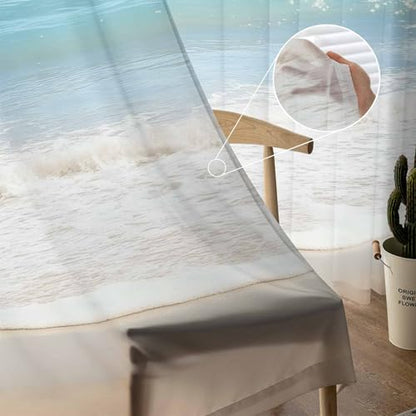 Ocean Beach Theme Sheer Curtains 84 Inch Length 2 Panels Set for Living Room/Bedroom, Tropical Sea Sky View Beach House Theme Semi Curtain Sheers Drapes Rod Pocket Curtains Window Treatment Set - color: Beach, size: 52"W x 84"L (Pack of 2)