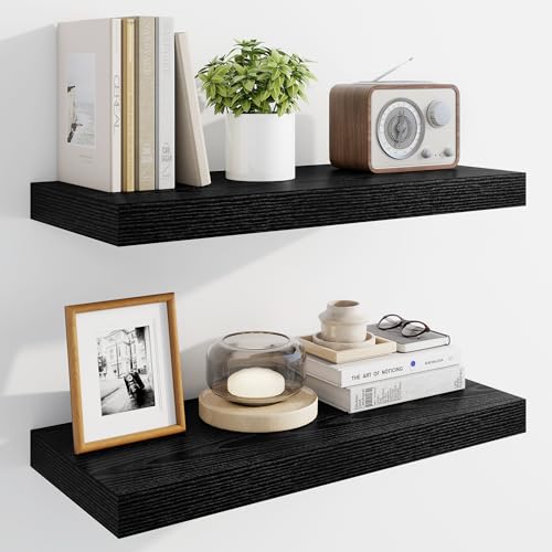 Marsmiles 24" Floating Shelves for Wall, Wooden Shelves with Invisible Brackets Set of 2, Rustic Farmhouse Wall Mounted Shelf for Kitchen Bathroom Living Room Study, Black - color: Black, size: 24"