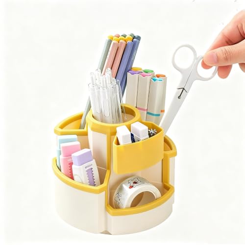 Saikv Pencil Holder Ratating Pen Organizer for Desktop Accessories Stationary Organizer (White & Yellow) - color: White & Yellow