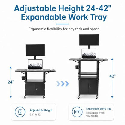 Adjustable Height AV Media Cart, 24-42 Inch Mobile Stand with Locking Storage, Extended Tray Organizer, Cable Management Wheels, for Home Office School - size: With extension frame