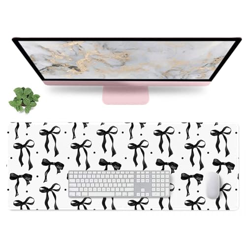 White Mouse Pad with Black Bows, Large Desk Mat Mouse Keyboard Mat for Computer Laptop Non-Slip Rubber Base, Cute Bow Office Mat Girly Desktop Accessories Office Supplies for Girls Women 31.5 x 11.8 - color: Black, size: 31.5" x 11.8"