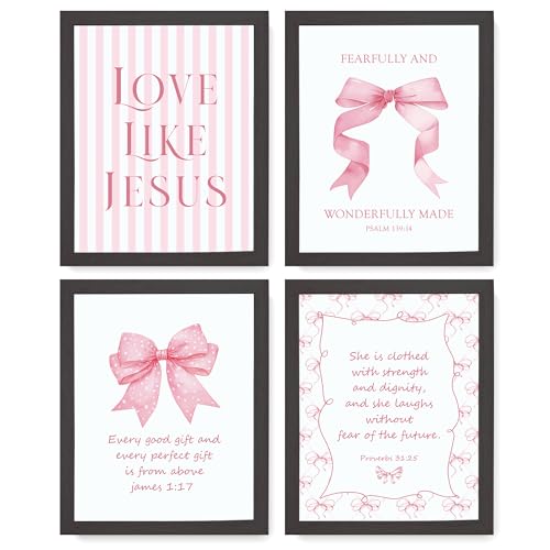 LARTSFRO Coquette Pink Bow Jesus Wall Art Decor Posters, Pink Bow Room Bedroom Bathroom Dorm Wall Art Decor Aesthetic for College Teen Girls Gifts, Inspirational Bible Verses Bow Wall Decor, 10x8 Inch Set of 4 Pcs Bow Pictures (DARK FRAMED) - color: Black