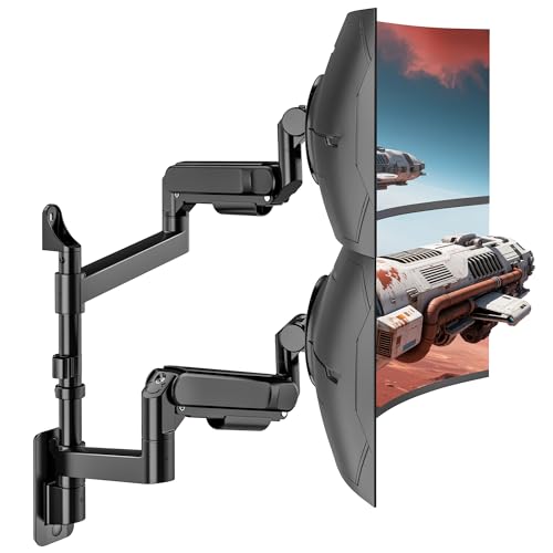 ARES WING Dual Monitor Wall Mount for 24-57 Inch Ultrawide Screens, Premium Heavy Duty Monitor Arm Holds 60 lbs, Full Motion Gas Spring, Bearing Head for Easy Adjustment, 75/100 VESA Mount, Black - color: Black, size: Dual Monitor Arm