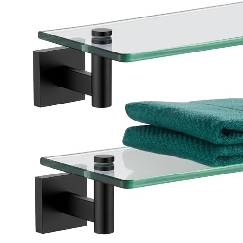 KOKOSIRI Bathroom Shelves Glass Floating Shelf 16-Inch for Bedroom Living Room Kitchen Hanging Rack Rustproof Wall Mounted Black 2 Pack B1105BK-L16-P2 - color: Matte Black, size: 16-Inch(2 Pack)