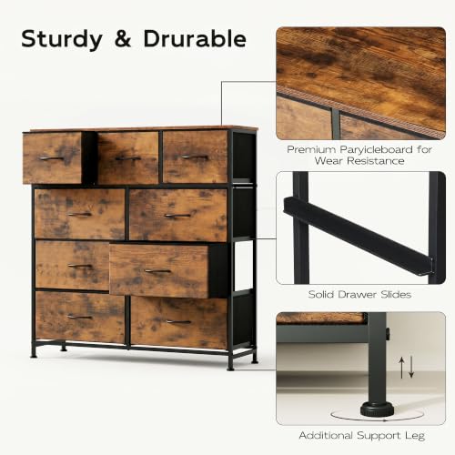 WLIVE 9-Drawer Dresser, Fabric Storage Tower for Bedroom, Hallway, Entryway, Closet, Tall Chest Organizer Unit with Fabric Bins, Steel Frame, Wood Top, Easy Pull Handle, Rustic Brown Wood Grain Print - color: Rustic Brown Wood Grain Print
