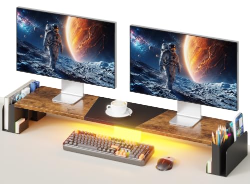 WESTREE Dual Monitor Stand Riser with Pen Holder, Computer Monitor Riser with Adjustable Angle and LED Light, Desktop Monitor Stand Riser Storage Organizer for Computer, Laptop, Printer, TV(Rustic Brown)