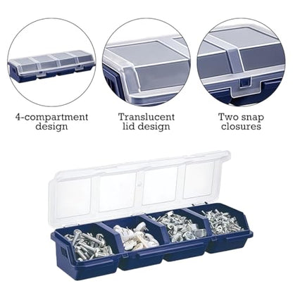 4 Pack Parts Organizer Box, 4 Compartment Hardware Storage Bin with Translucent Lid & Secure Lock, Heavy Duty PP Plastic Screw Bolt Nut Container, Stackable for Garage Workshop Workbench, Blue