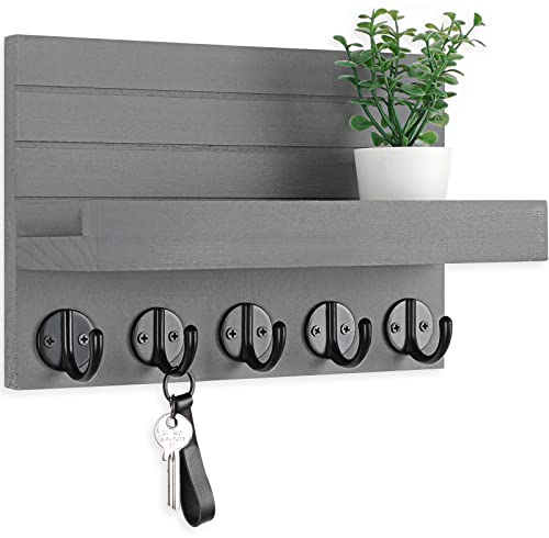 Lwenki Key Holder for Wall, Decorative Key and Mail Holder with Shelf Has Large Key Hooks for Bags, Coats, Umbrella – Paulownia Wood Key Hanger with Mounting Hardware (9.8”W x 6.7”H x 4.2”D) - color: Gray