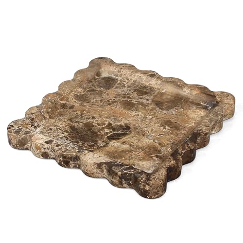 Square Marble Vanity Tray with Scalloped Edge - Natural Marble Perfume Tray Decor for Dresser, Vanity, Kitchen, Home Decor, Decorative Square Stone Tray - Brown 8 * 8 inch - color: Brown
